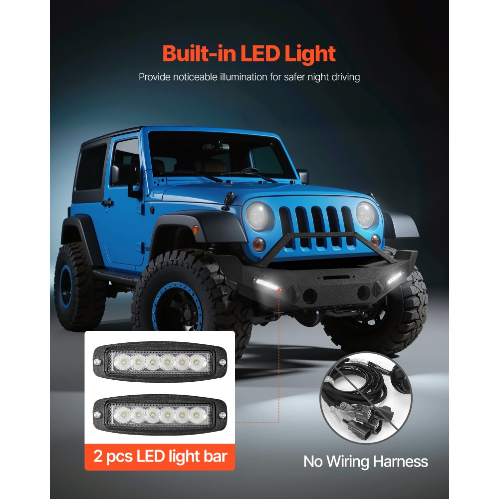 Parachoques delantero VEVOR compatible con Wrangler JK/JKU 2007-2018, parachoques delantero de acero resistente con 2 barras de luz LED, placa de cabrestante, carcasa de luz antiniebla y soportes de anillo en D.
