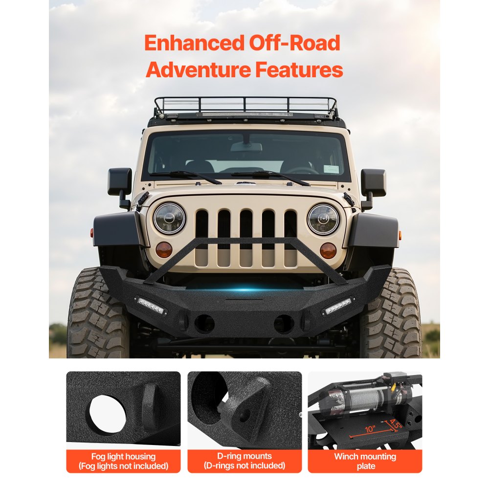 Parachoques delantero VEVOR compatible con Wrangler JK/JKU 2007-2018, parachoques delantero de acero resistente con 2 barras de luz LED, placa de cabrestante, carcasa de luz antiniebla y soportes de anillo en D.