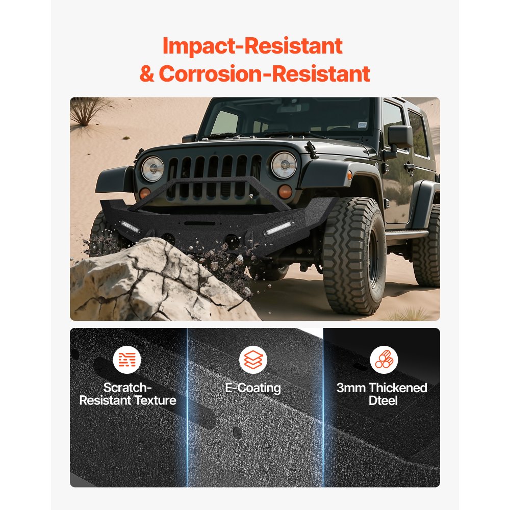 Parachoques delantero VEVOR compatible con Wrangler JK/JKU 2007-2018, parachoques delantero de acero resistente con 2 barras de luz LED, placa de cabrestante, carcasa de luz antiniebla y soportes de anillo en D.