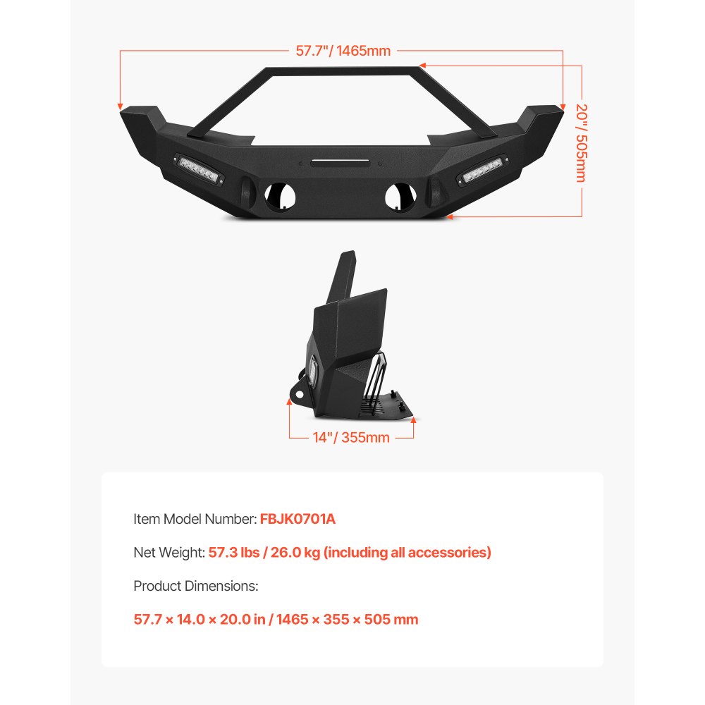 Parachoques delantero VEVOR compatible con Wrangler JK/JKU 2007-2018, parachoques delantero de acero resistente con 2 barras de luz LED, placa de cabrestante, carcasa de luz antiniebla y soportes de anillo en D.