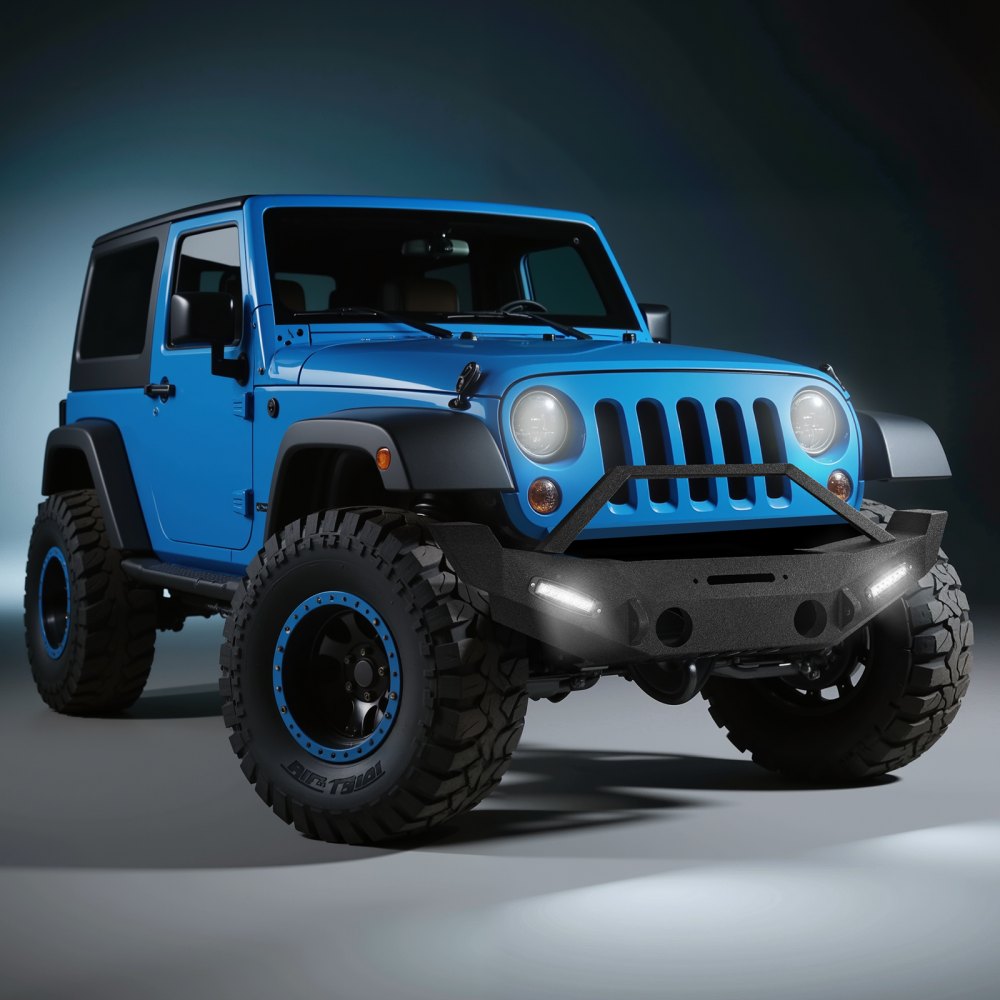 Parachoques delantero VEVOR compatible con Wrangler JK/JKU 2007-2018, parachoques delantero de acero resistente con 2 barras de luz LED, placa de cabrestante, carcasa de luz antiniebla y soportes de anillo en D.