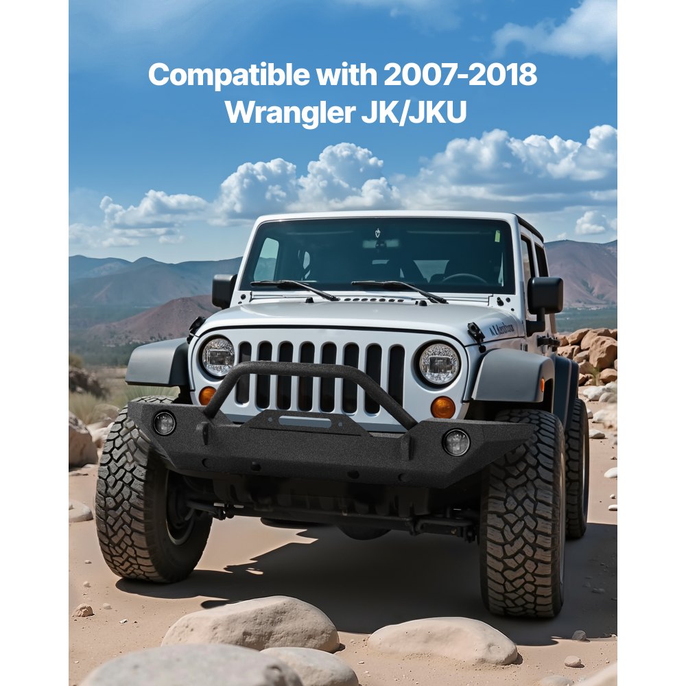 Parachoques delantero VEVOR compatible con Wrangler JK/JKU 2007-2018: con placa de cabrestante, soportes de anillo D y carcasa de luz antiniebla, parachoques delantero de acero resistente con revestimiento electrónico.