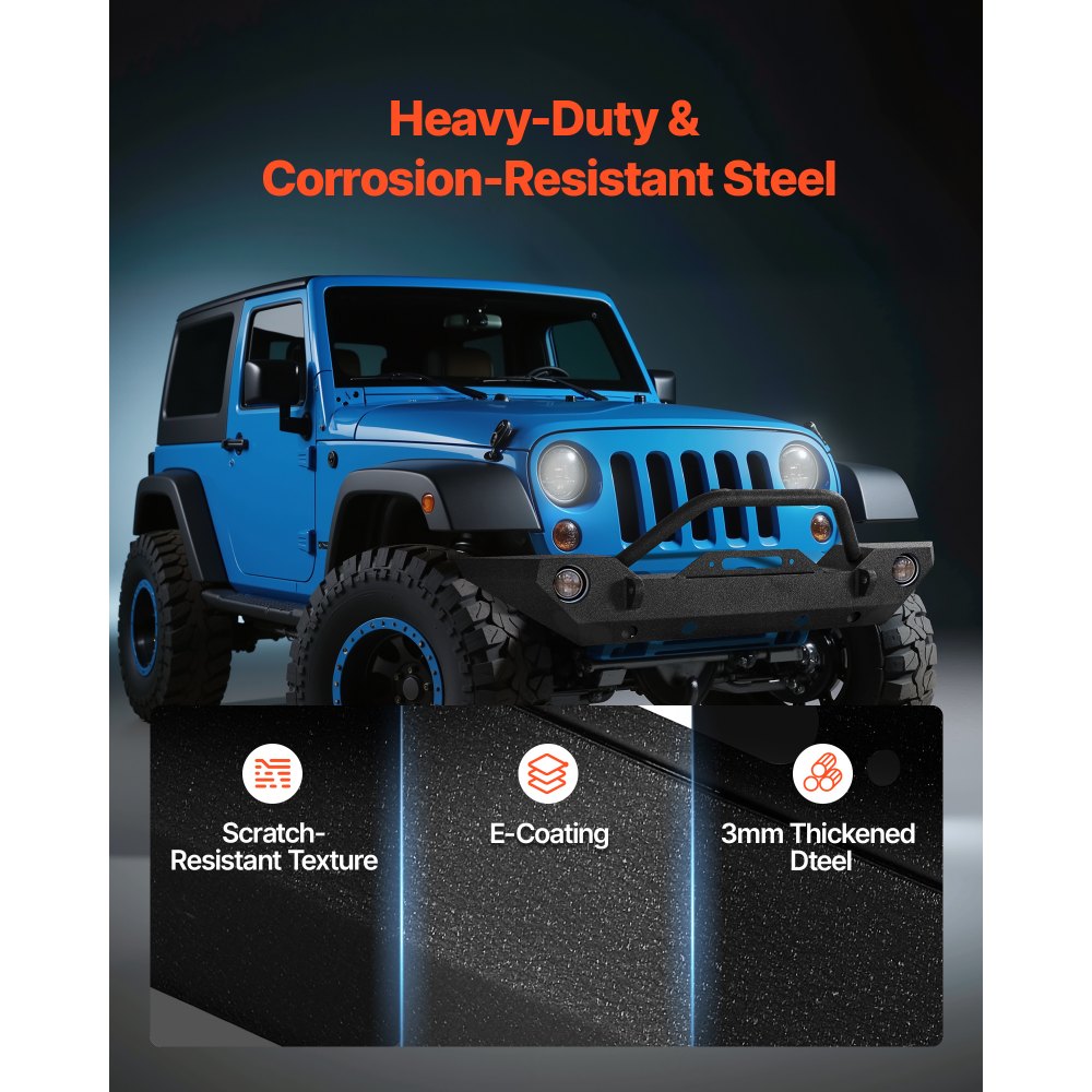 Parachoques delantero VEVOR compatible con Wrangler JK/JKU 2007-2018: con placa de cabrestante, soportes de anillo D y carcasa de luz antiniebla, parachoques delantero de acero resistente con revestimiento electrónico.