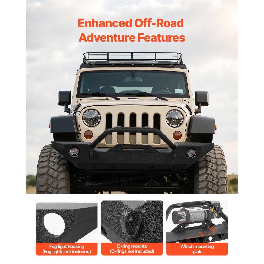 Parachoques delantero VEVOR compatible con Wrangler JK/JKU 2007-2018: con placa de cabrestante, soportes de anillo D y carcasa de luz antiniebla, parachoques delantero de acero resistente con revestimiento electrónico.