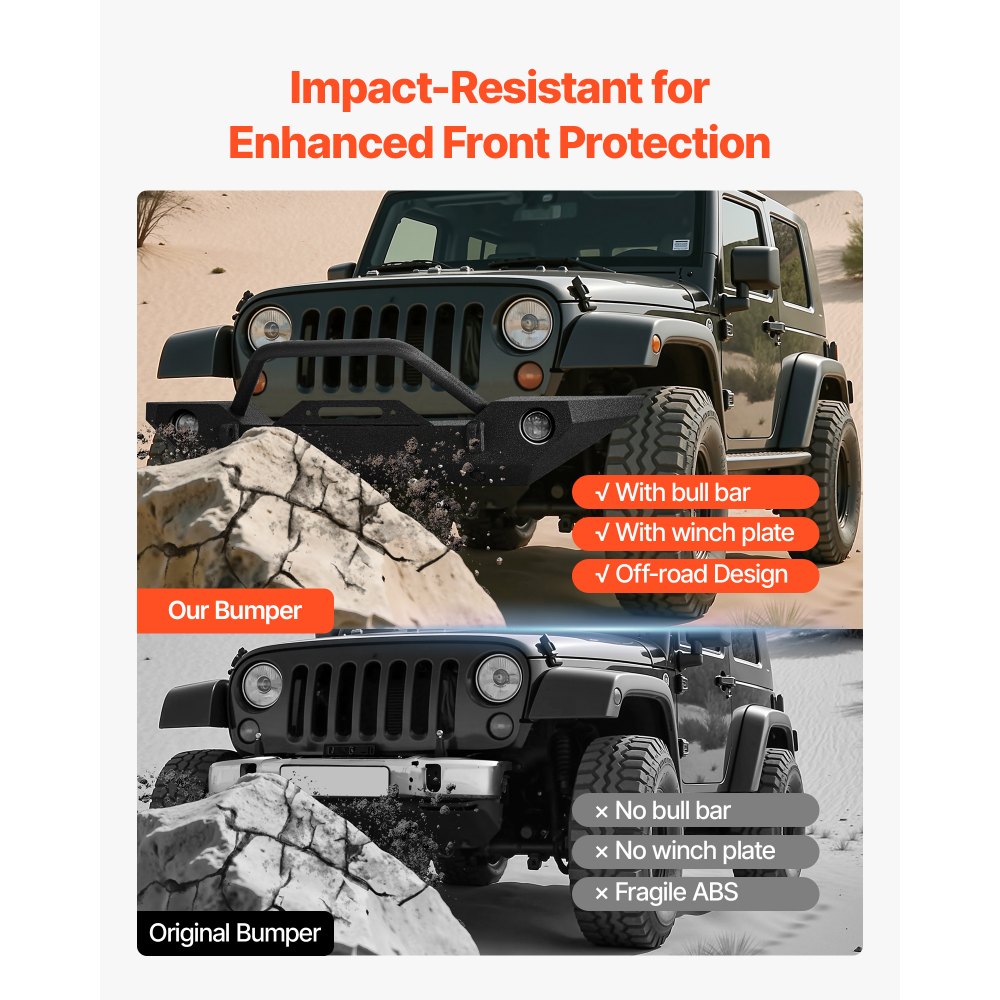 Parachoques delantero VEVOR compatible con Wrangler JK/JKU 2007-2018: con placa de cabrestante, soportes de anillo D y carcasa de luz antiniebla, parachoques delantero de acero resistente con revestimiento electrónico.