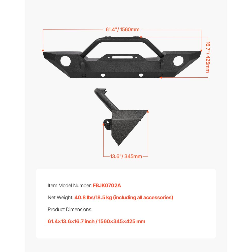 Parachoques delantero VEVOR compatible con Wrangler JK/JKU 2007-2018: con placa de cabrestante, soportes de anillo D y carcasa de luz antiniebla, parachoques delantero de acero resistente con revestimiento electrónico.