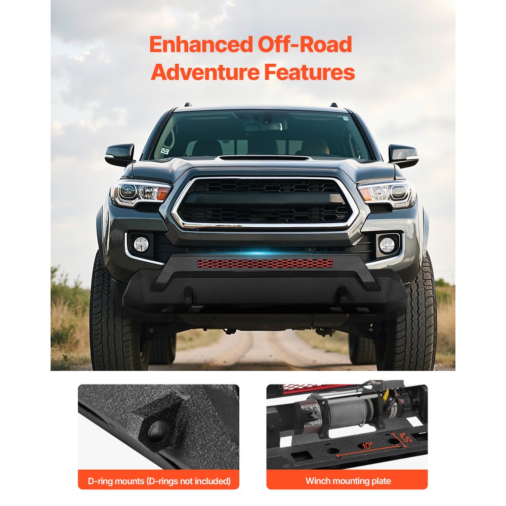 VEVOR Front Bumper Compatible with 2016-2023 Toyota Tacoma (Excluding Tacoma TRD/Tacoma TRD Sport), Pickup Truck Bumper with Winch Plate & D-Ring Mounts, Heavy-Duty Steel Front Bumpers with E-Coating and Bull Bar