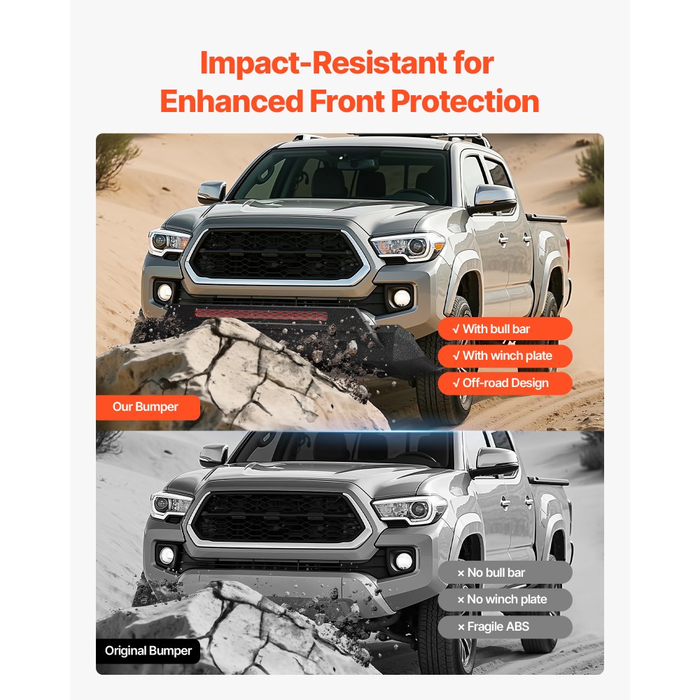 VEVOR Front Bumper Compatible with 2016-2023 Toyota Tacoma (Excluding Tacoma TRD/Tacoma TRD Sport), Pickup Truck Bumper with Winch Plate & D-Ring Mounts, Heavy-Duty Steel Front Bumpers with E-Coating and Bull Bar