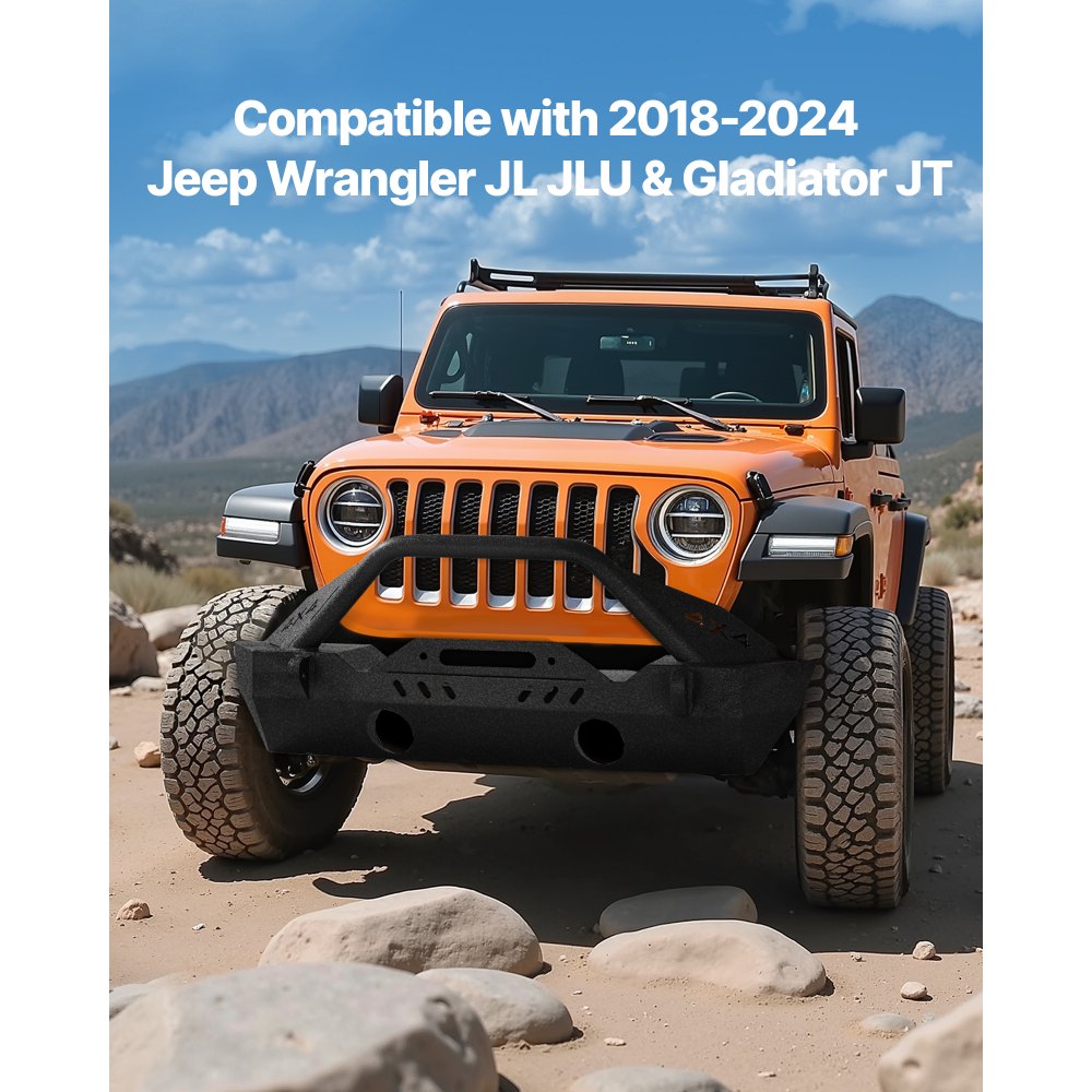 Parachoques delantero VEVOR compatible con Jeep Wrangler JL JLU y Gladiator JT 2018-2024. Parachoques delantero de acero resistente con placa de cabrestante, soportes de anillo en D y carcasa para luz antiniebla.