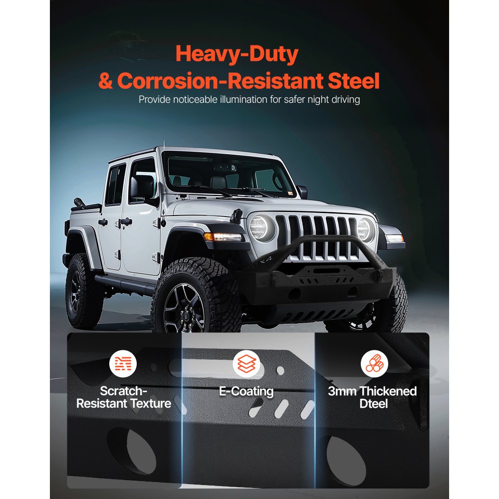 Parachoques delantero VEVOR compatible con Jeep Wrangler JL JLU y Gladiator JT 2018-2024. Parachoques delantero de acero resistente con placa de cabrestante, soportes de anillo en D y carcasa para luz antiniebla.