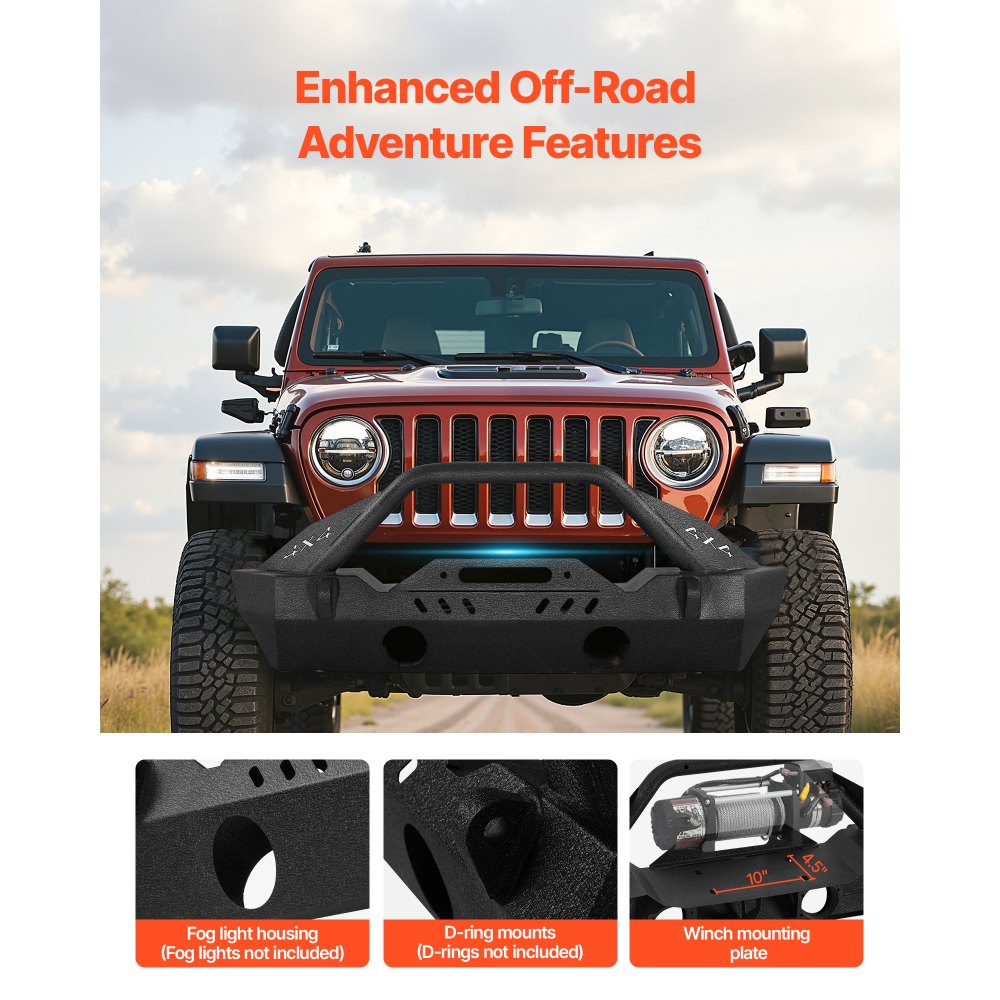 Parachoques delantero VEVOR compatible con Jeep Wrangler JL JLU y Gladiator JT 2018-2024. Parachoques delantero de acero resistente con placa de cabrestante, soportes de anillo en D y carcasa para luz antiniebla.