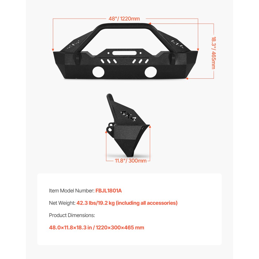 Parachoques delantero VEVOR compatible con Jeep Wrangler JL JLU y Gladiator JT 2018-2024. Parachoques delantero de acero resistente con placa de cabrestante, soportes de anillo en D y carcasa para luz antiniebla.