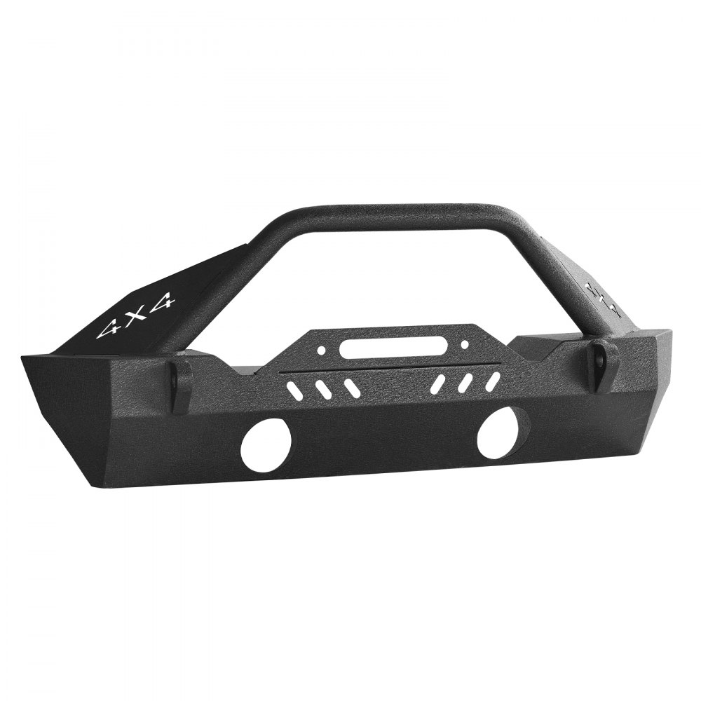 Parachoques delantero VEVOR compatible con Jeep Wrangler JL JLU y Gladiator JT 2018-2024. Parachoques delantero de acero resistente con placa de cabrestante, soportes de anillo en D y carcasa para luz antiniebla.