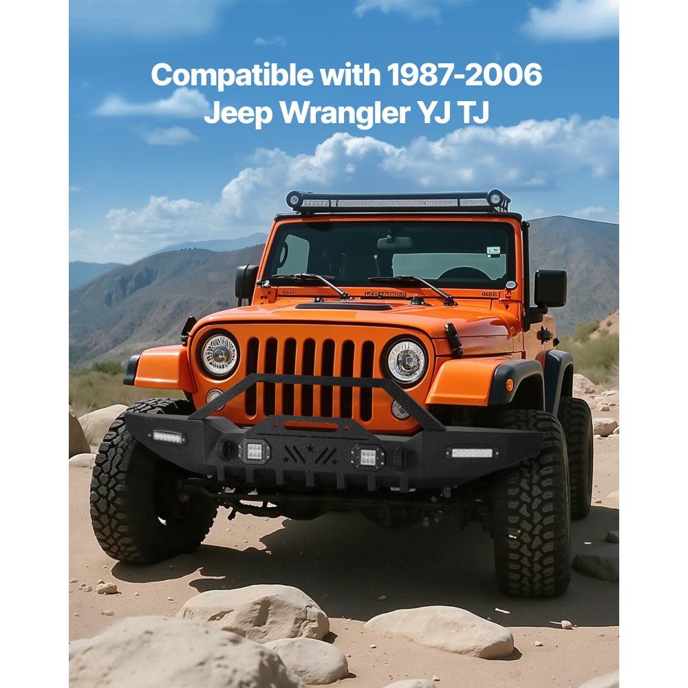 VEVOR Front Bumper Compatible with 1987-2006 Jeep Wrangler YJ TJ, Heavy-Duty Steel Front Bumper with 2PCS LED Light Bars, 2PCS LED Work Lights, Winch Plate & D-Rings Mounts