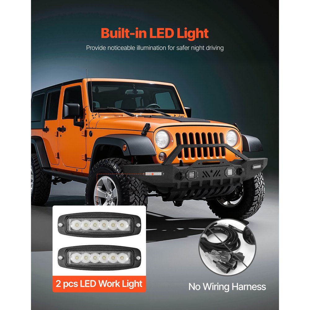 VEVOR Front Bumper Compatible with 1987-2006 Jeep Wrangler YJ TJ, Heavy-Duty Steel Front Bumper with 2PCS LED Light Bars, 2PCS LED Work Lights, Winch Plate & D-Rings Mounts