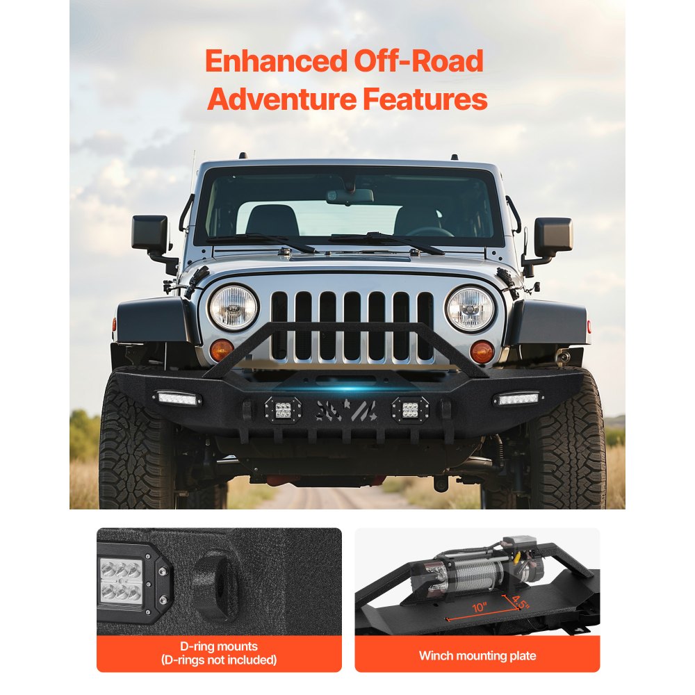 VEVOR Front Bumper Compatible with 1987-2006 Jeep Wrangler YJ TJ, Heavy-Duty Steel Front Bumper with 2PCS LED Light Bars, 2PCS LED Work Lights, Winch Plate & D-Rings Mounts