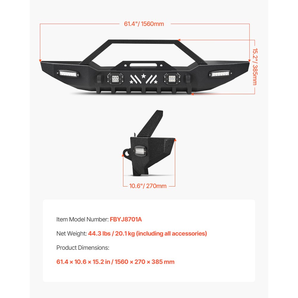 VEVOR Front Bumper Compatible with 1987-2006 Jeep Wrangler YJ TJ, Heavy-Duty Steel Front Bumper with 2PCS LED Light Bars, 2PCS LED Work Lights, Winch Plate & D-Rings Mounts