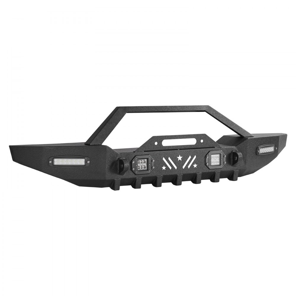 VEVOR Front Bumper Compatible with 1987-2006 Jeep Wrangler YJ TJ, Heavy-Duty Steel Front Bumper with 2PCS LED Light Bars, 2PCS LED Work Lights, Winch Plate & D-Rings Mounts