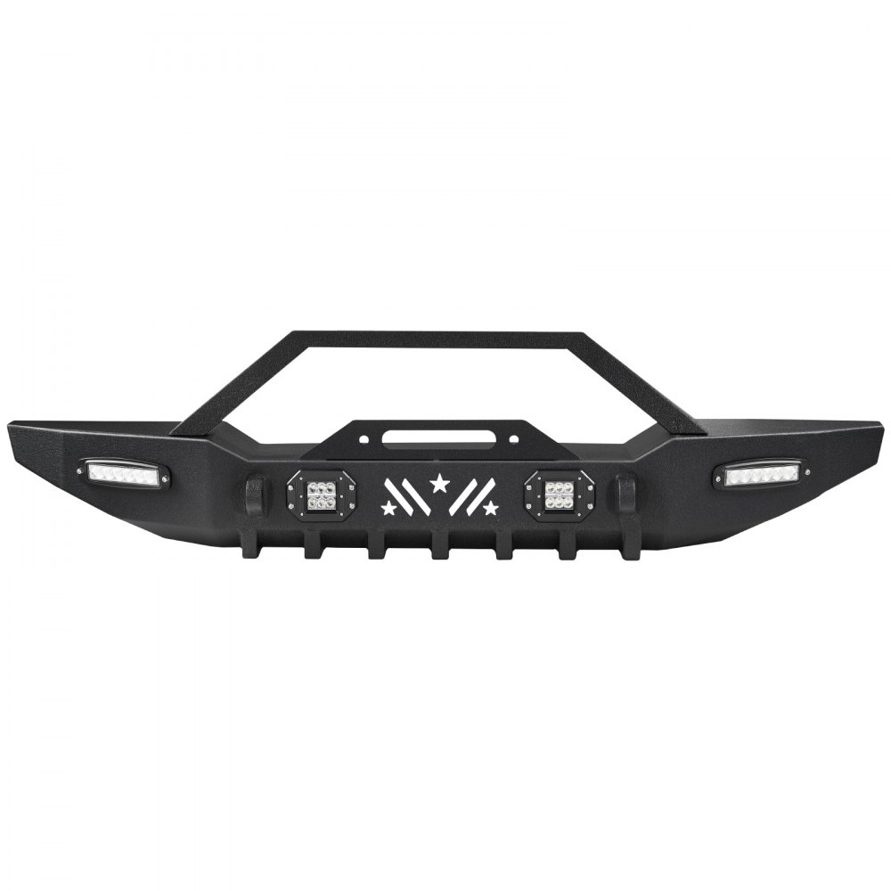 VEVOR Front Bumper Compatible with 1987-2006 Jeep Wrangler YJ TJ, Heavy-Duty Steel Front Bumper with 2PCS LED Light Bars, 2PCS LED Work Lights, Winch Plate & D-Rings Mounts
