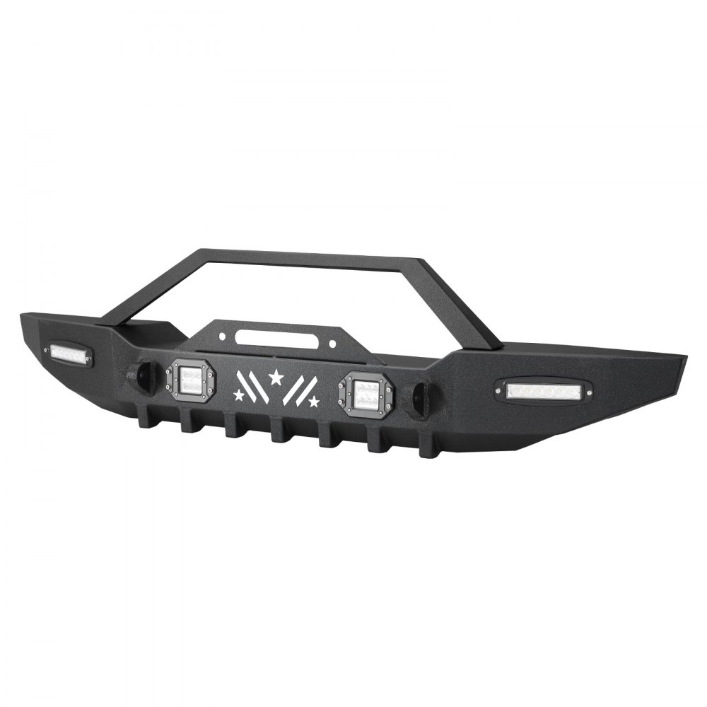 VEVOR Front Bumper Compatible with 1987-2006 Jeep Wrangler YJ TJ, Heavy-Duty Steel Front Bumper with 2PCS LED Light Bars, 2PCS LED Work Lights, Winch Plate & D-Rings Mounts