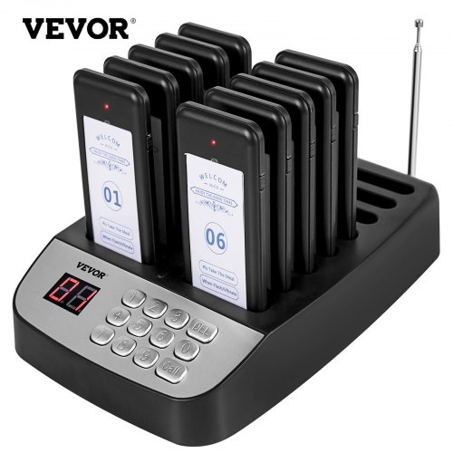 VEVOR F100 Restaurant Pager System 10 Pagers, Max 98 Beepers Wireless Calling System, Set with Vibration, Flashing and Buzzer for Church, Nurse,Hospital & Hotel