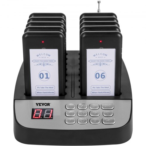VEVOR F100 Restaurant Pager System 10 Pagers, Max 98 Beepers Wireless Calling System, Set with Vibration, Flashing and Buzzer for Church, Nurse,Hospital & Hotel