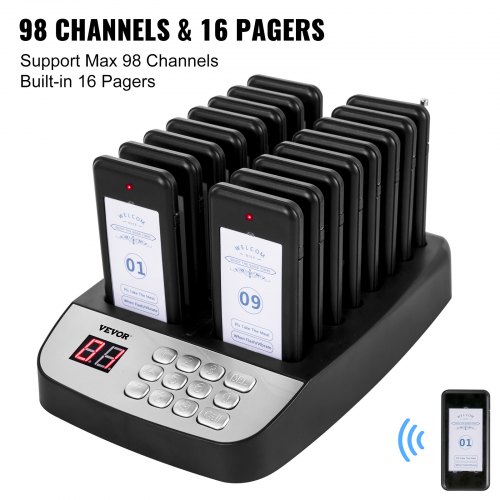 VEVOR Restaurant Pager 16 Coasters Paging System Max 98 Nursery Pager Wireless Paging Queuing Calling System with Vibration, Flashing and Buzzer for Social Distance Food Truck, Hotels and Cafés