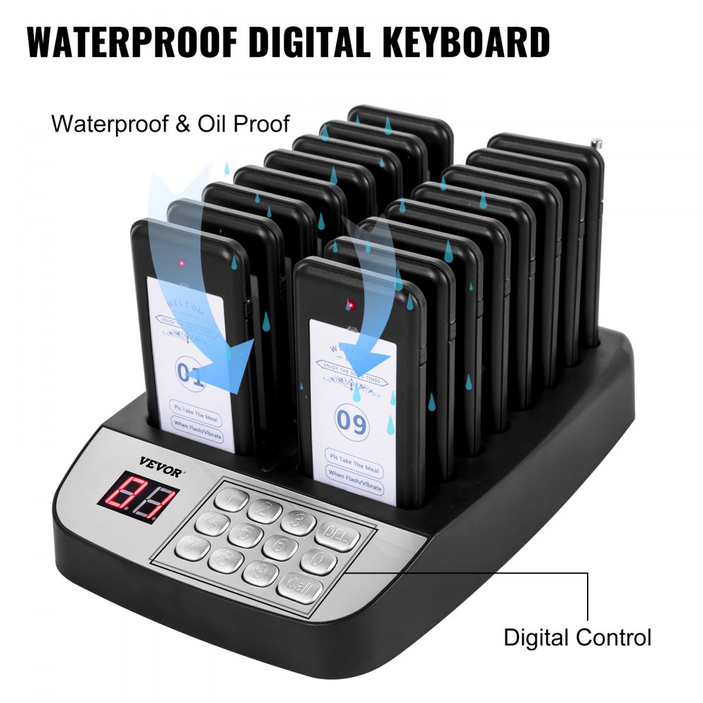 VEVOR Restaurant Pager 16 Coasters Paging System Max 98 Nursery Pager Wireless Paging Queuing Calling System with Vibration, Flashing and Buzzer for Social Distance Food Truck, Hotels and Cafés