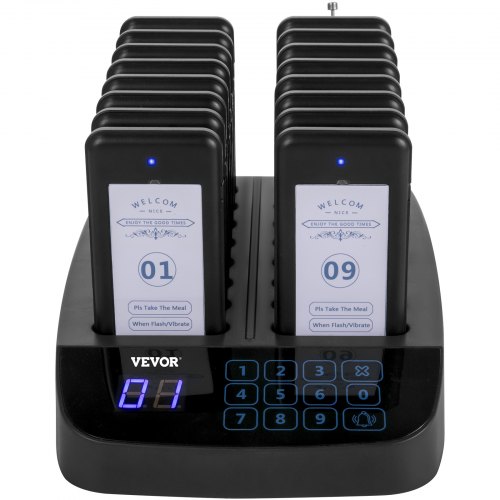 VEVOR F101 Restaurant Pager System 16 Pagers, Max 98 Beepers Wireless Calling System, Touch Keyboard with Vibration, Flashing and Buzzer for Church, Nurse,Hospital & Hotel