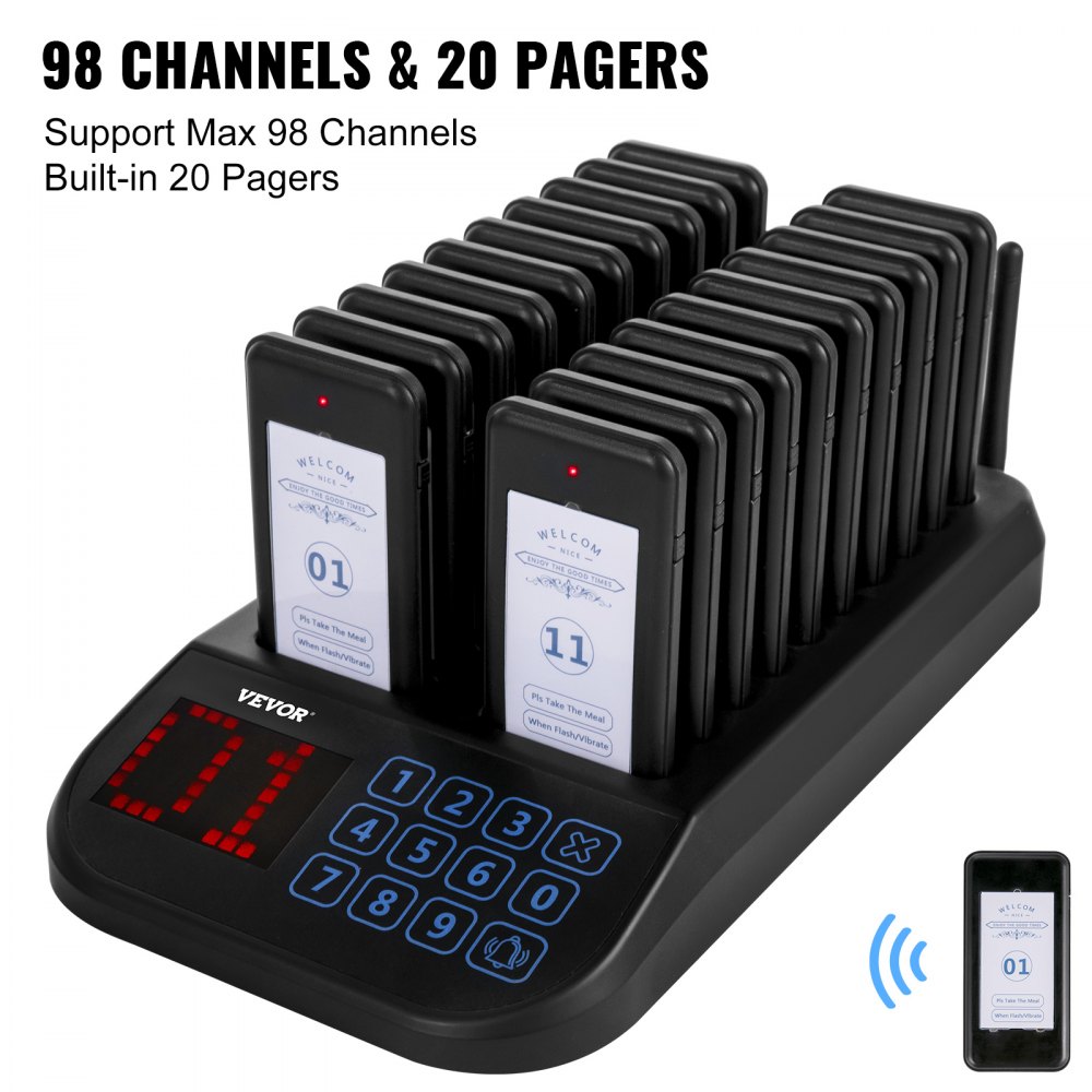 VEVOR Restaurant Pager 20 Coasters Paging System Max 98 Nursery Pager Wireless Paging Queuing Calling System with 3 Calling Modes Touch Screen for Social Distance Food Truck, Church, Clinic and Café