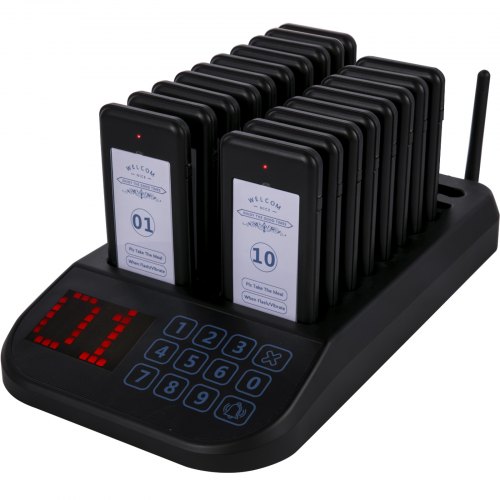 VEVOR F103 Restaurant Pager System 18 Pagers, Max 98 Beepers Wireless Calling System, Touch Keyboard with Vibration, Flashing and Buzzer for Church, Nurse,Hospital & Hotel