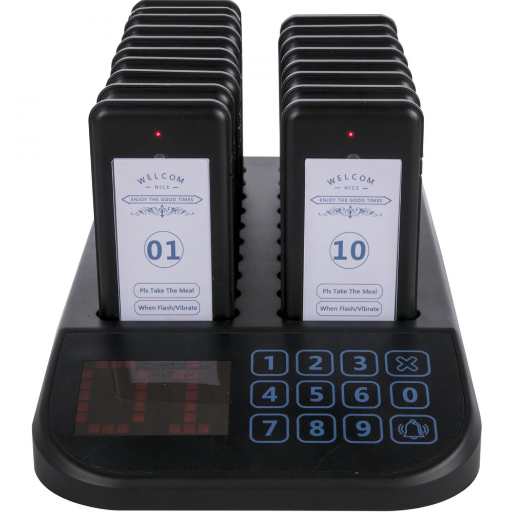 VEVOR F103 Restaurant Pager System 18 Pagers, Max 98 Beepers Wireless Calling System, Touch Keyboard with Vibration, Flashing and Buzzer for Church, Nurse,Hospital & Hotel