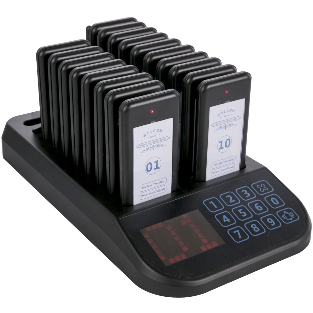 VEVOR F103 Restaurant Pager System 18 Pagers, Max 98 Beepers Wireless Calling System, Touch Keyboard with Vibration, Flashing and Buzzer for Church, Nurse,Hospital & Hotel