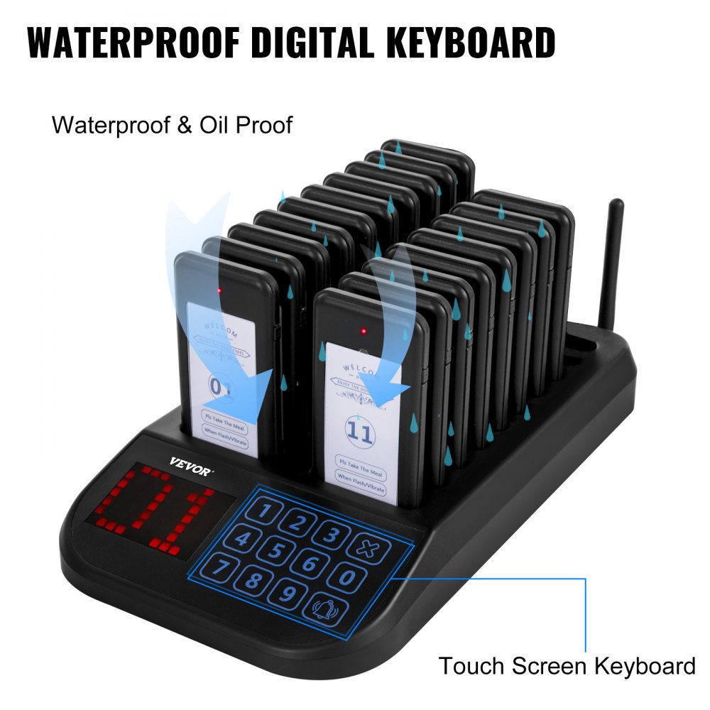 VEVOR F103 Restaurant Pager System 18 Pagers, Max 98 Beepers Wireless Calling System, Touch Keyboard with Vibration, Flashing and Buzzer for Church, Nurse,Hospital & Hotel