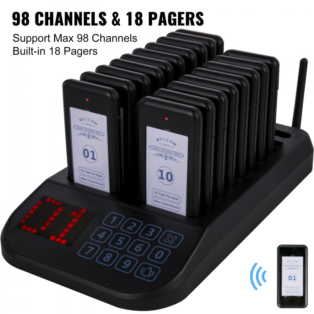 VEVOR F103 Restaurant Pager System 18 Pagers, Max 98 Beepers Wireless Calling System, Touch Keyboard with Vibration, Flashing and Buzzer for Church, Nurse,Hospital & Hotel