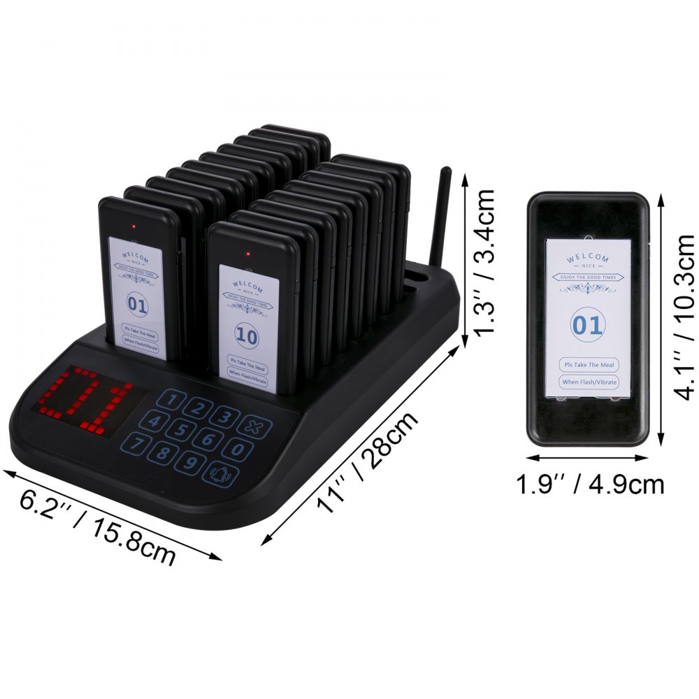 VEVOR F103 Restaurant Pager System 18 Pagers, Max 98 Beepers Wireless Calling System, Touch Keyboard with Vibration, Flashing and Buzzer for Church, Nurse,Hospital & Hotel