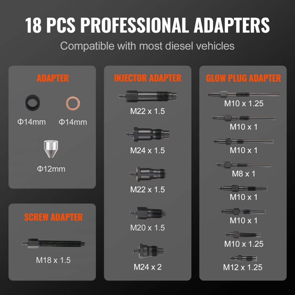 18 professional adapters set for VEVOR diesel engine compression tester, compatible with most diesel vehicles.
