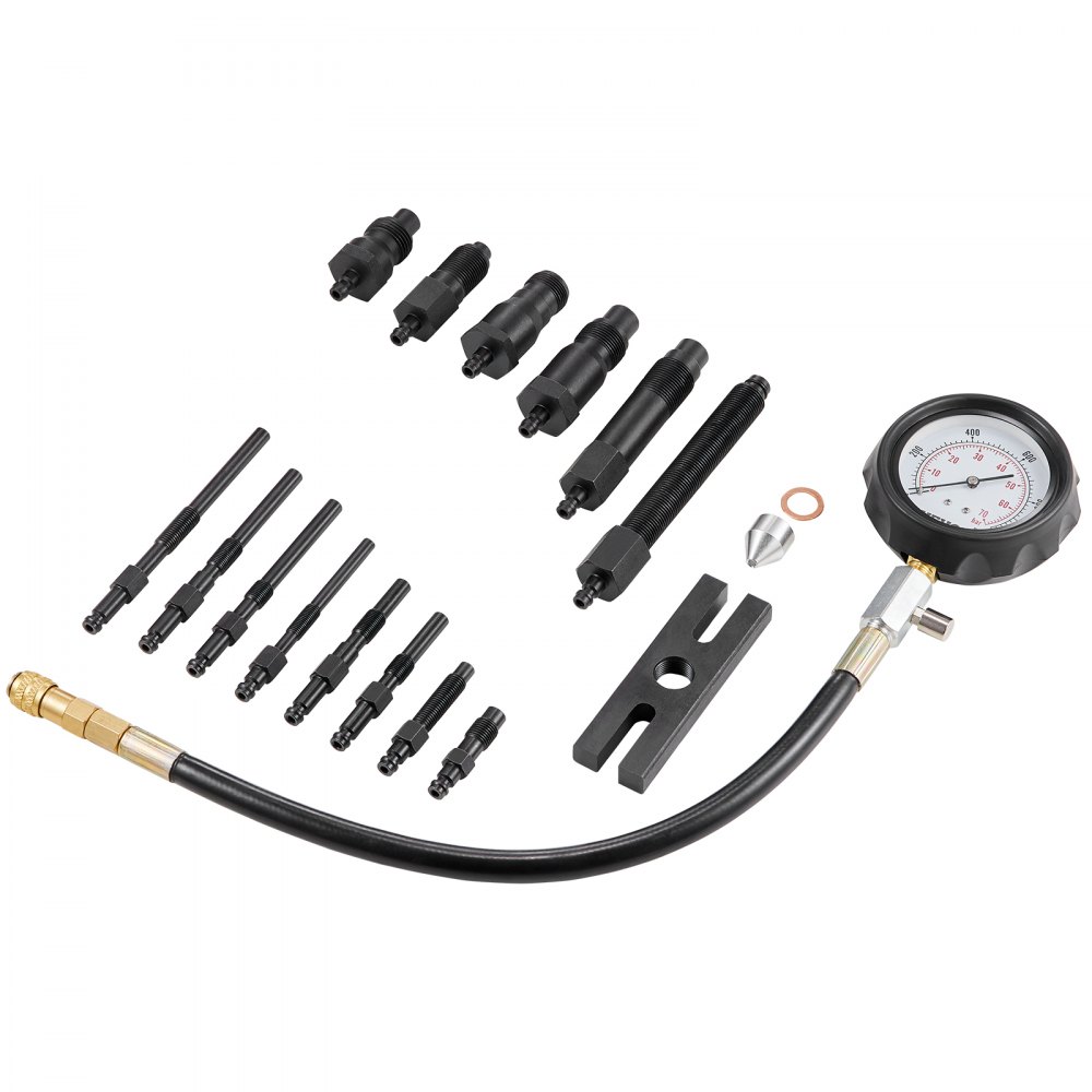 VEVOR diesel engine compression tester with adapters, gauge, and hose set against white background.