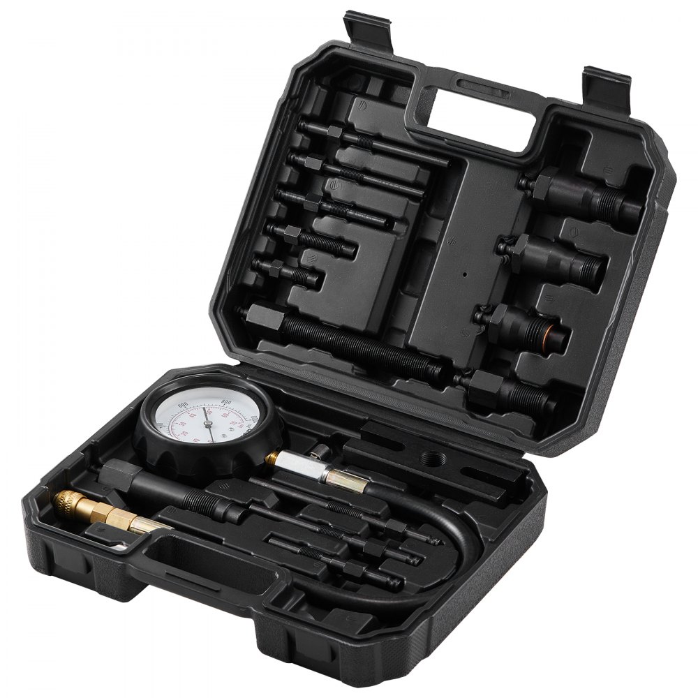 VEVOR diesel engine compression tester in a black carrying case with multiple components.