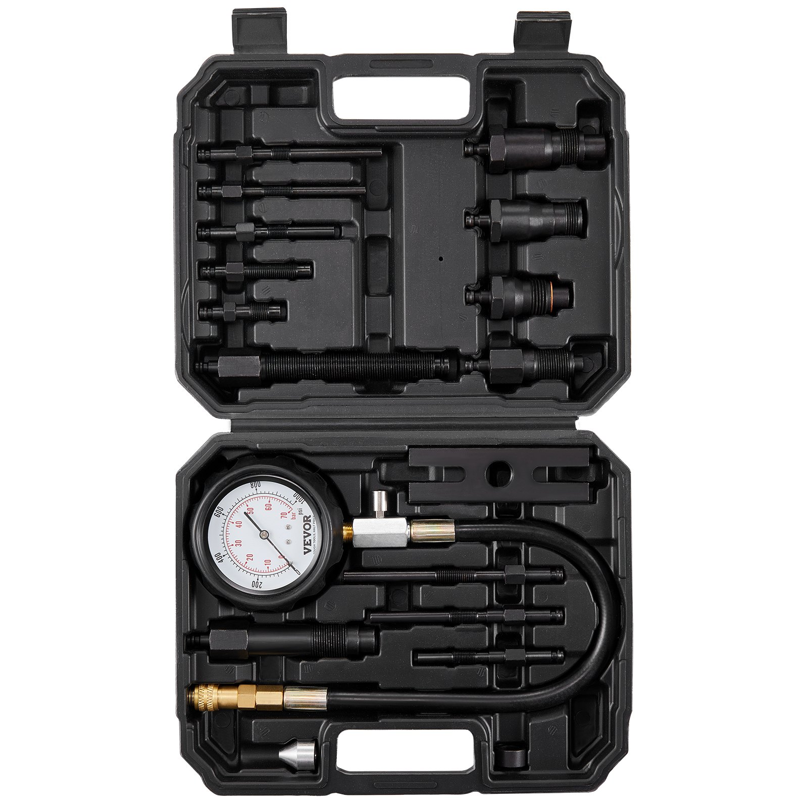VEVOR diesel engine compression tester in a black molded case with various attachment tools.