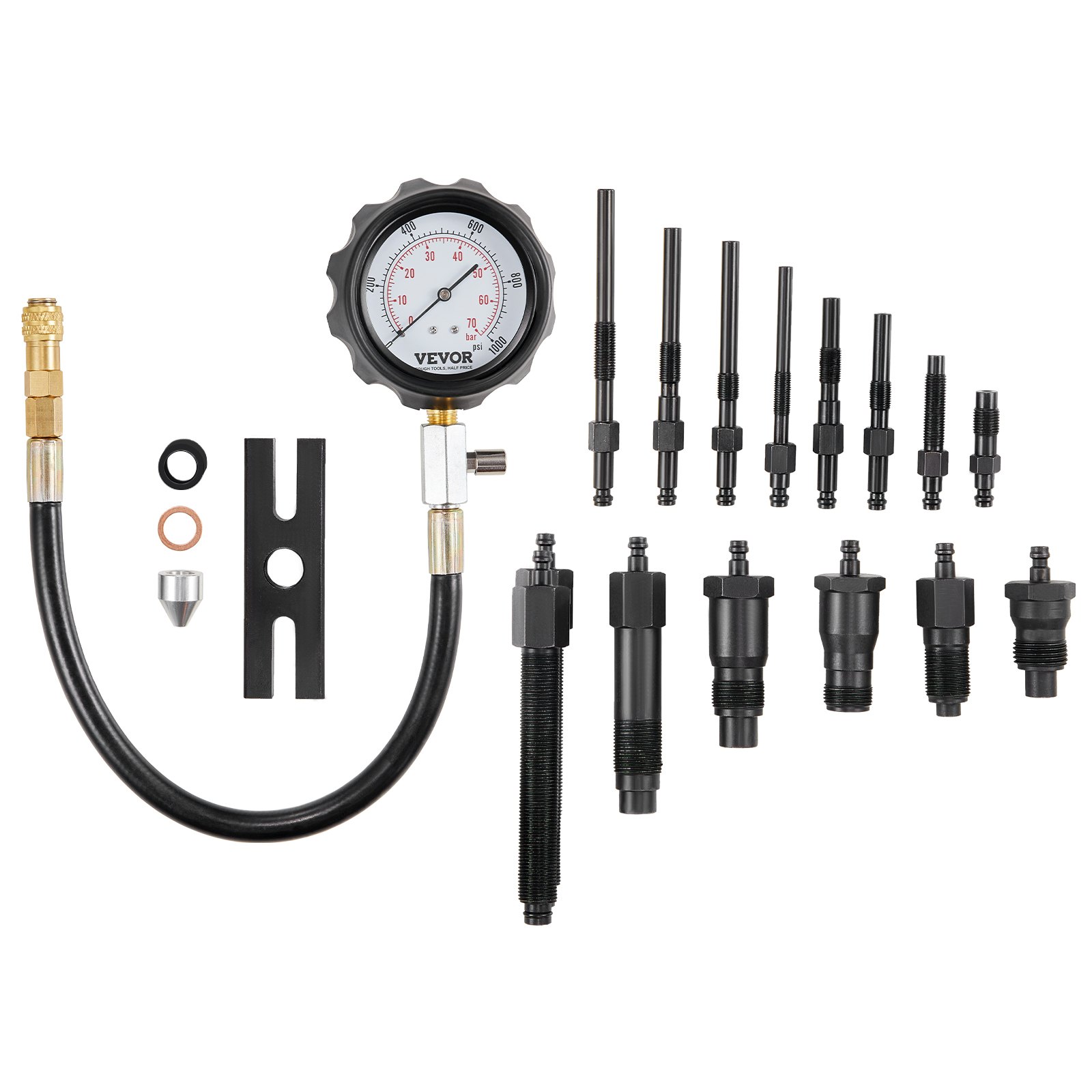VEVOR diesel engine compression tester with gauge, hose, adapters, and fittings set.