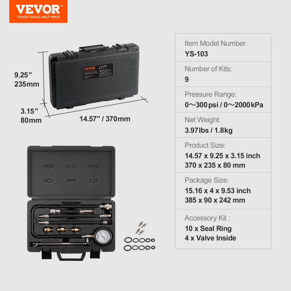 VEVOR compression tester kit ys-103 with case dimensions 14.57&quot;x9.25&quot;x3.15&quot;, for 0-300 psi testing.