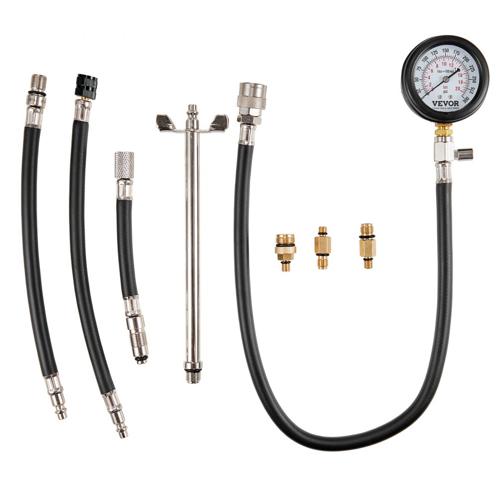 VEVOR compression tester kit with gauge, hoses, adapters, and fittings on a white background.
