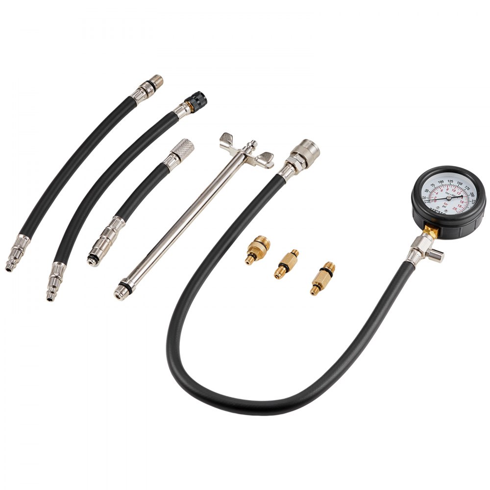VEVOR compression tester kit with gauge, hoses, and adapters, perfect for engine diagnostics.