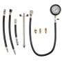 VEVOR compression tester kit with gauge, hoses, adapters, and fittings on a white background.