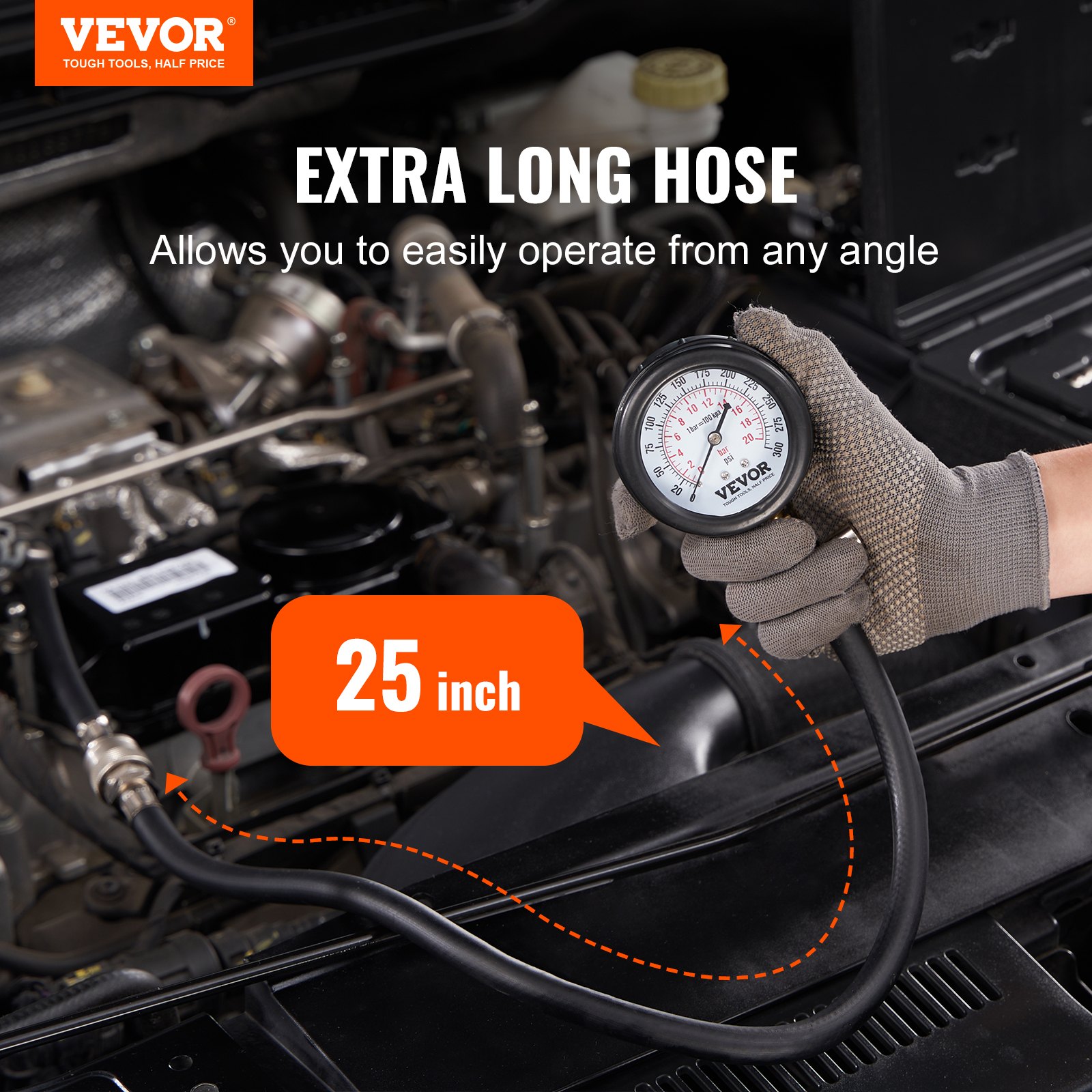 VEVOR compression tester kit with extra long 25-inch hose for easy engine testing from any angle.