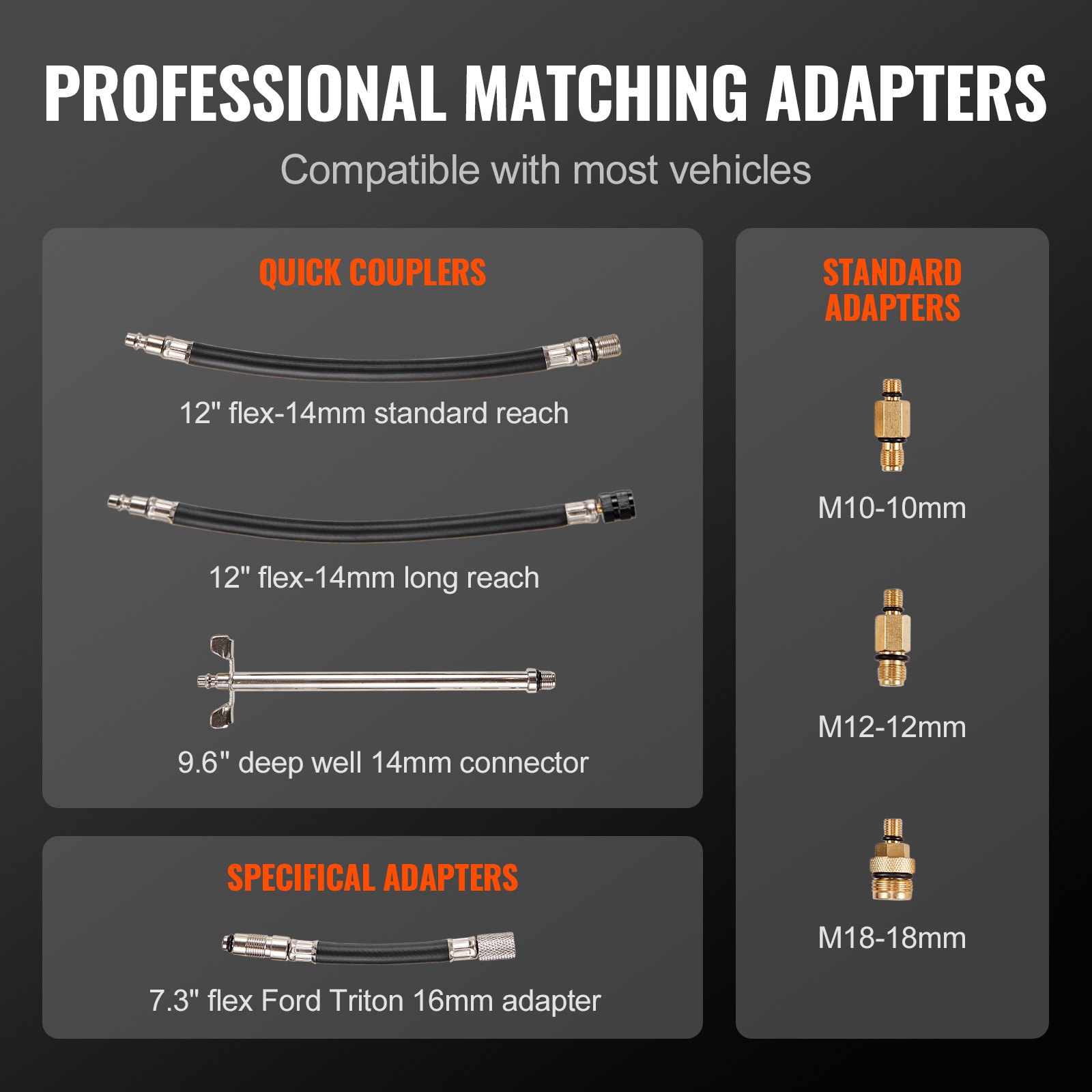 professional matching adapters for the VEVOR compression tester kit, including quick couplers and standard adapters.