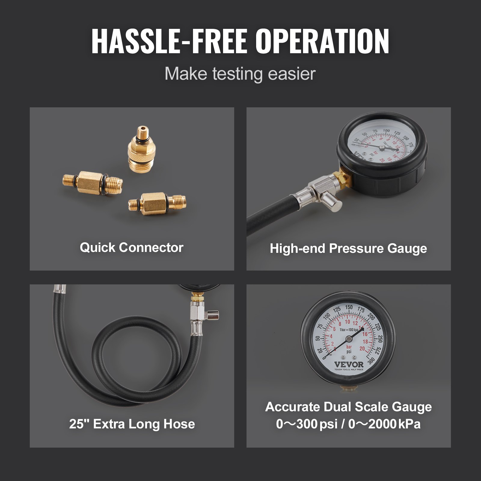 hassle-free VEVOR compression tester kit with quick connectors, pressure gauge, and 25&quot; long hose.