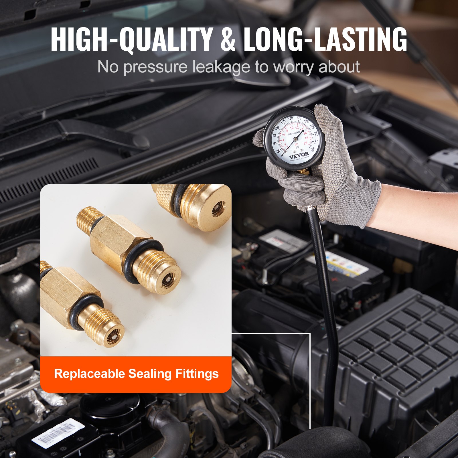 mechanic using VEVOR compression tester kit with replaceable sealing fittings on car engine.