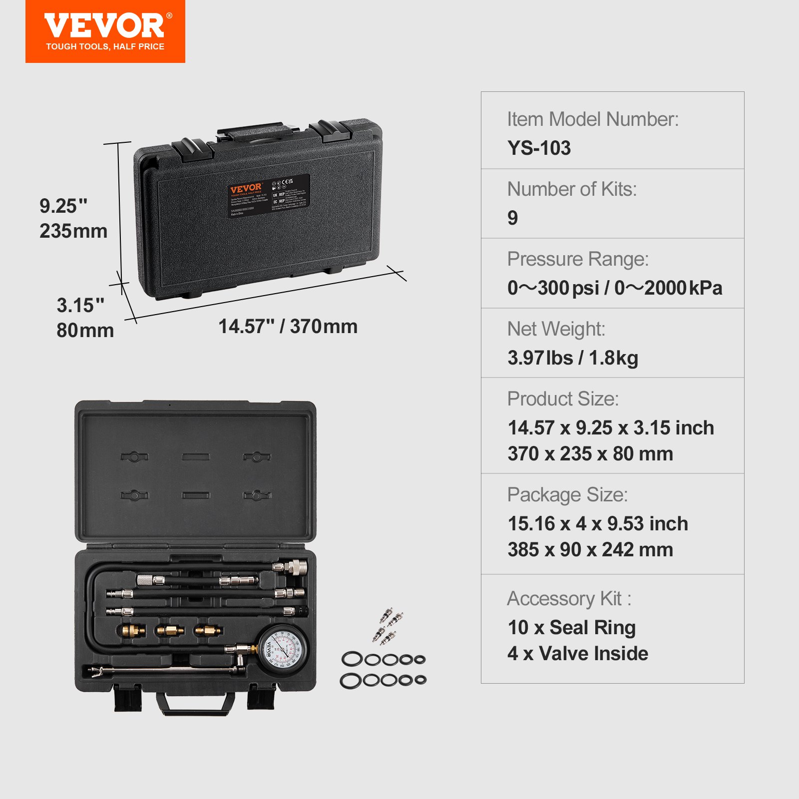 VEVOR compression tester kit ys-103 with case dimensions 14.57&quot;x9.25&quot;x3.15&quot;, for 0-300 psi testing.